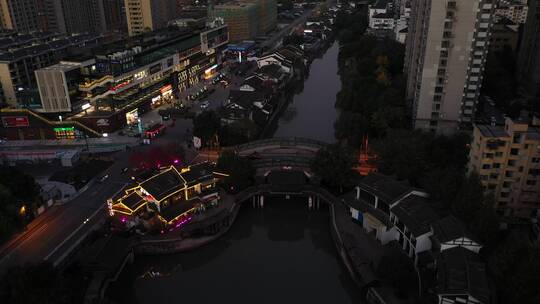 杭州市拱墅区胜利河美食街夜景航拍