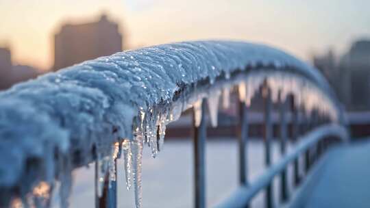 冬日栏杆结冰特写