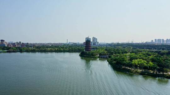 东莞航拍华阳湖湿地公园华阳塔前进环绕