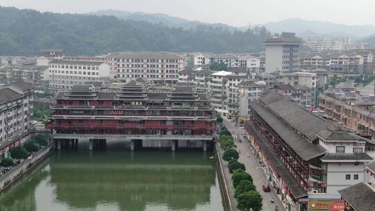 城市航拍湖南通道廊桥地标建筑