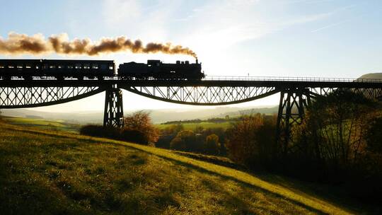 蒸汽火车行驶在高架桥上