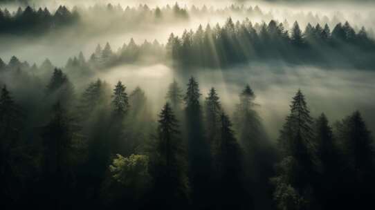 清晨丁达尔森林自然意境云雾唯美逆光云海