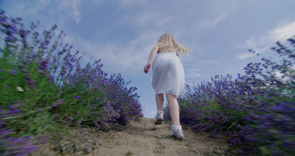 小女孩在薰衣草中间奔跑