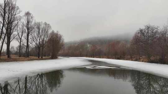 早春冰雪消融的河流