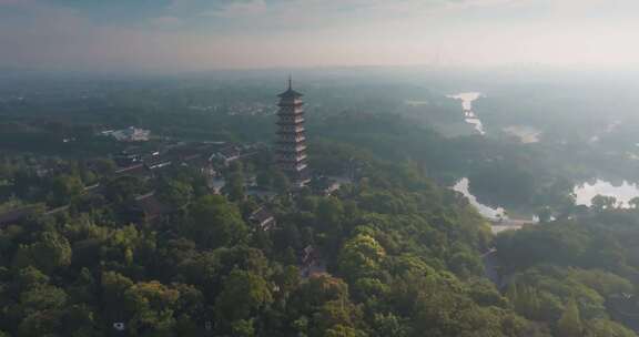 江苏省扬州市瘦西湖大明寺晨曦云雾风光航拍