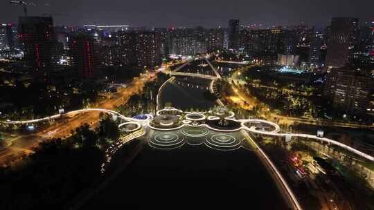 四川成都府河夜景桥梁航拍