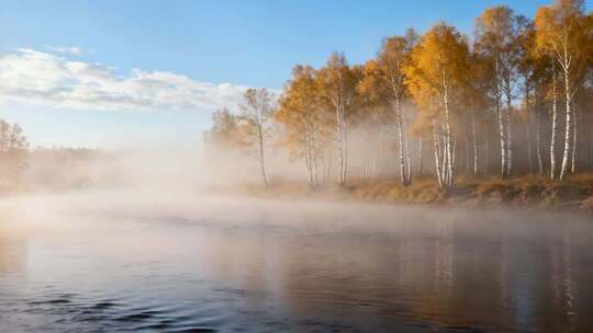 河边秋日树林晨景