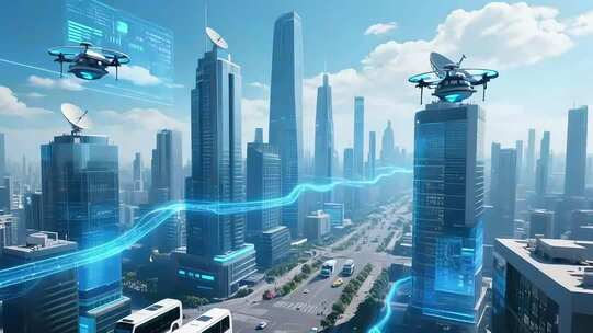 未来科技感城市与空中无人机画面