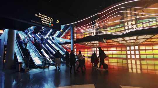 乘客使用自动扶梯离开总站