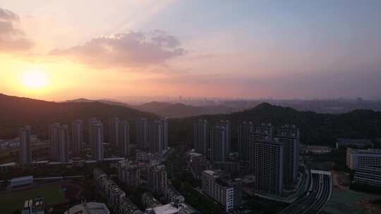 杭州萧山区城市日落风景航拍