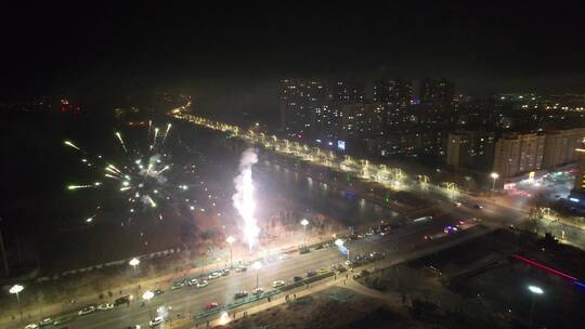 中国北方城市元旦跨年新年春节喜庆烟花航拍