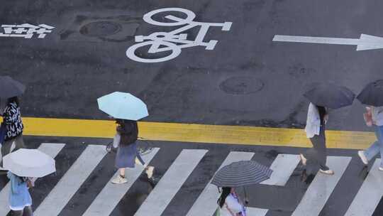 雨天街道路口斑马线人群过马路