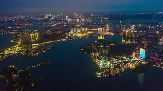 航拍延时黄冈遗爱湖夜景