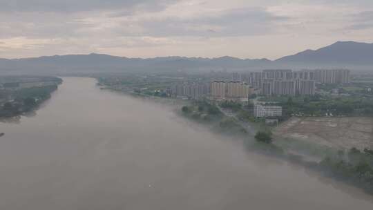 杭州富阳富春江晨雾航拍