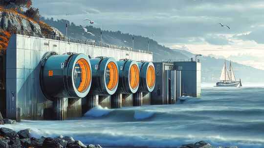 能源站海滨 大型设施科技涡轮机械海浪山峰