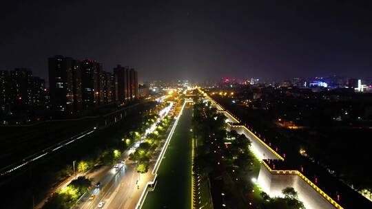 西安护城河夜景城墙灯光航拍