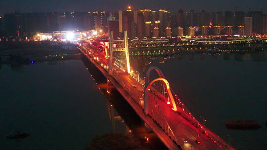 陕西汉中龙岗大桥夜景环绕航拍视频素材模板下载