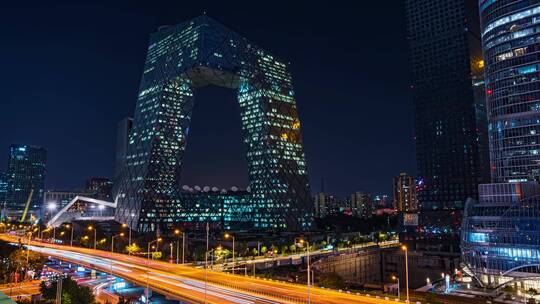 北京国贸CBD大裤衩央视大楼车流延时4K视频素材模板下载