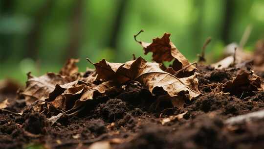 土壤上的枯叶特写