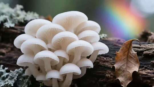 木头上生长的白色蘑菇特写