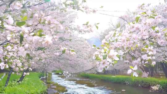 小溪边盛开的樱花树风景