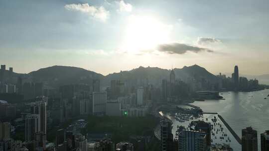 香港大景航拍维多利亚港太平山日落海湾风光