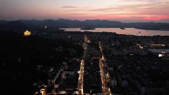 浙江杭州西湖河坊街夜幕降临晚霞日落夜景