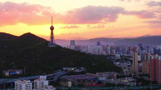 青海西宁晚霞夜景航拍