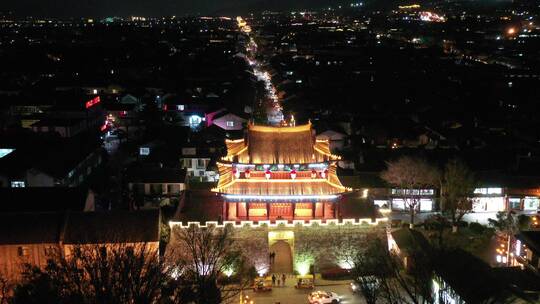 大理丽江古城城楼夜景夜色航拍视频素材模板下载