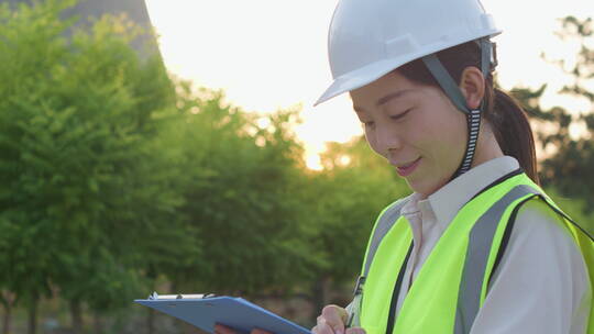 中国人女工程师戴建筑头盔工作记录