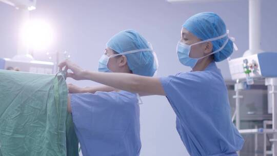 唯美手术室穿手术衣戴手套手术包工具手术前