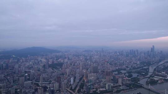 广州珠江岸城市建筑群夕阳晚霞航拍全景