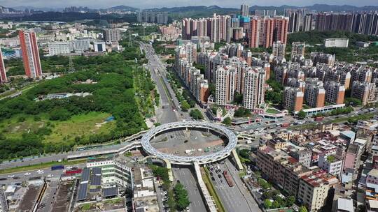 深圳龙华观澜大运站环形天桥航拍高空右环绕