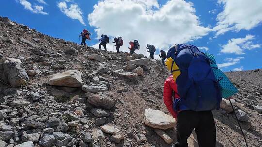 攀登新疆帕米尔高原慕士塔格峰雪山的登山队