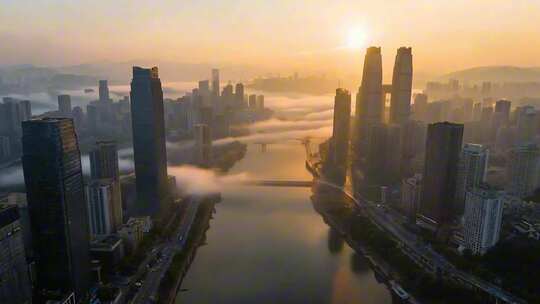 重庆城市日出航拍高楼云海景观