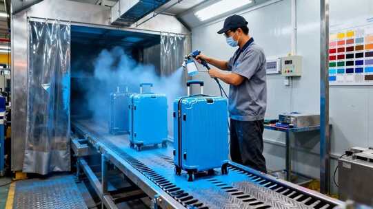 工人在车间流水线喷涂行李箱