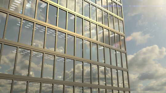 向上无人机飞行视图到现代商业摩天大楼的窗