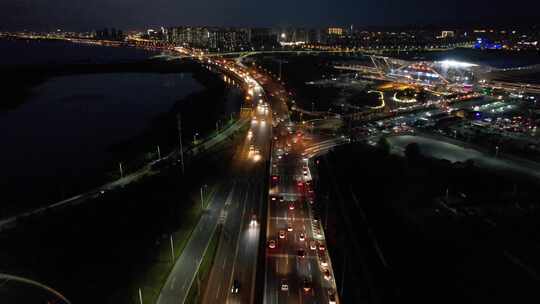 山东青岛城市夜幕降临夜景交通航拍