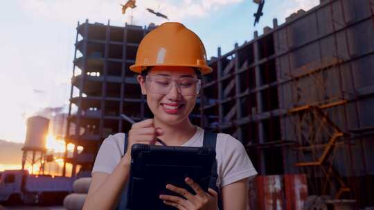 亚洲女工在建筑工地的平板电脑上做笔记的特