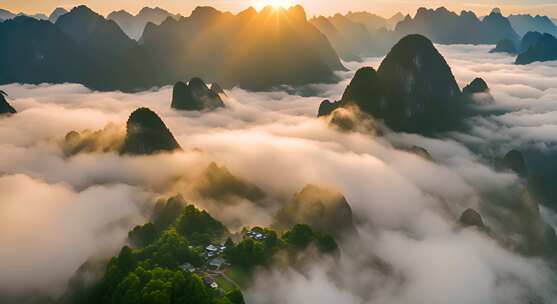 桂林山水合集山峰云海群山云雾缭绕自然风景