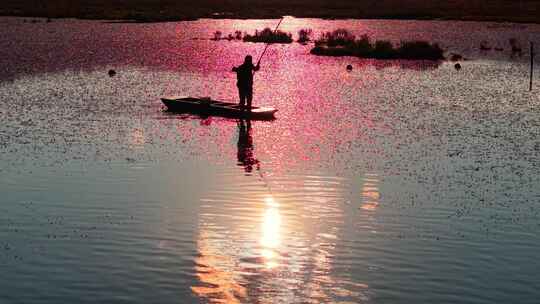 金色湖面上的渔夫划船落日余晖光影小船