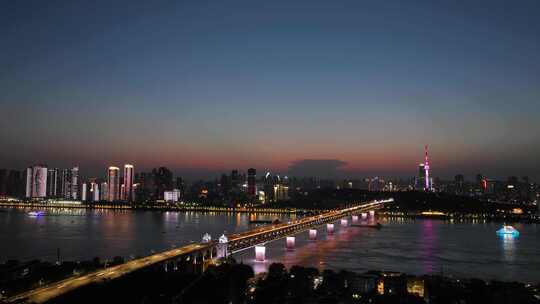 武汉夜景航拍长江大桥夜景延时城市建筑风光