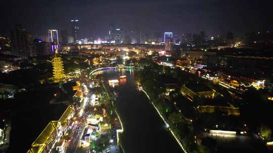 江苏淮安里运河文化长廊夜景灯光航拍视频素材模板下载
