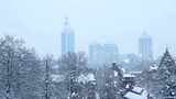 城市雪景中的建筑，树木屋顶积雪覆盖高清在线视频素材下载