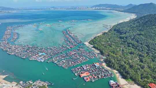 4k海南陵水疍家鱼排玻璃海海湾玻璃海航拍