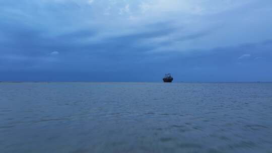 海南龙港海滩沉船航拍