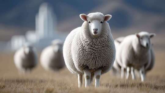 牧场羊群悠闲吃草特写展示