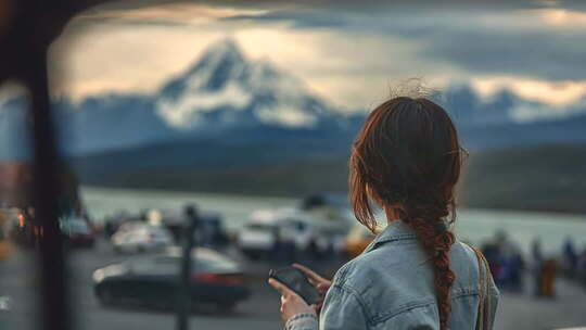 女孩赏景时使用手机