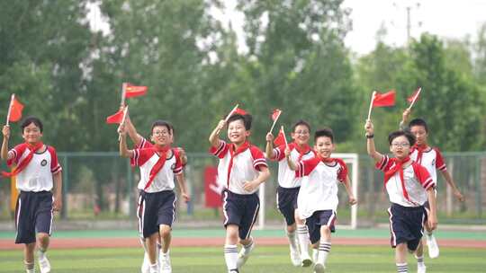 小学生红领巾少先队员敬礼国旗红旗党旗奔跑