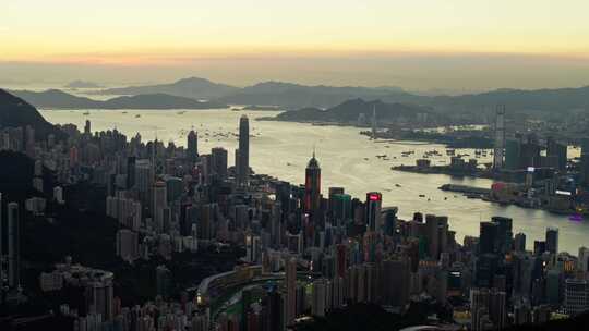 香港维多利亚港日落航拍大景
